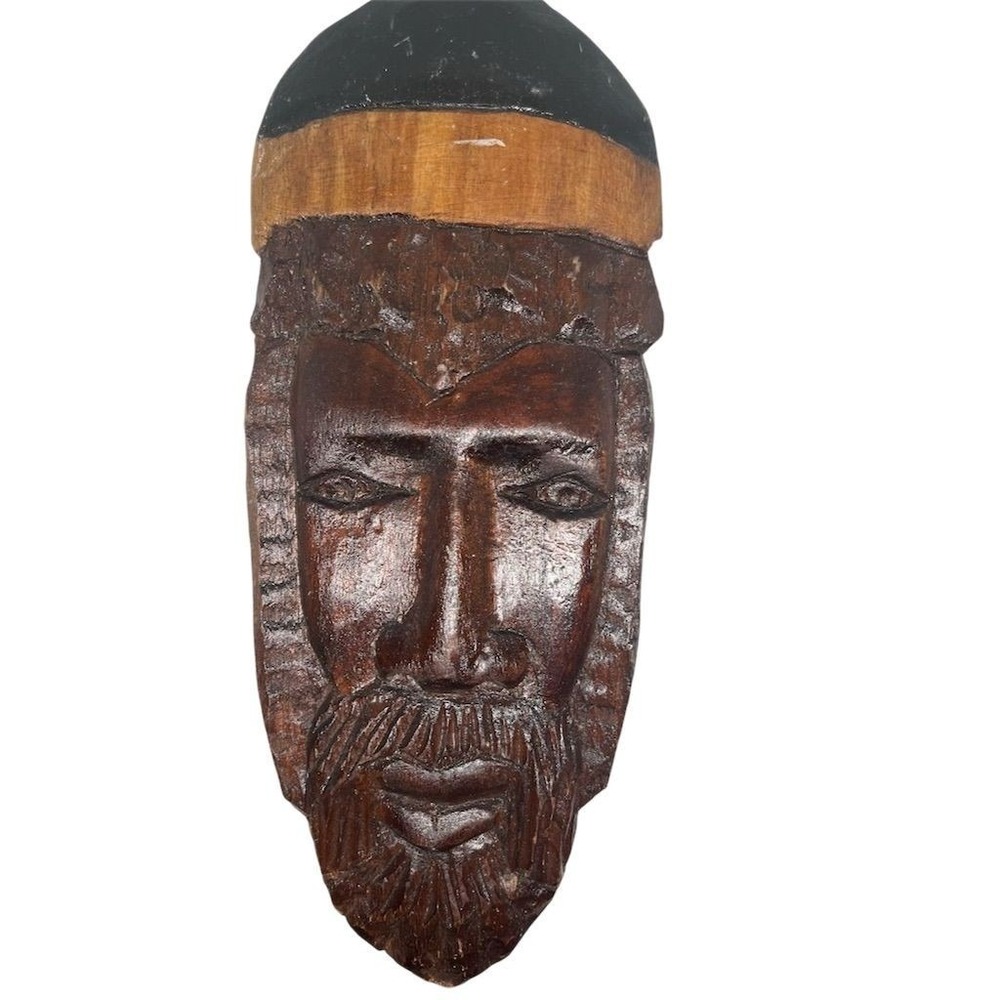 Vintage Antique Hand Carved‎ Wooden Tribal Face Wall Hanging Decor Dark Wood